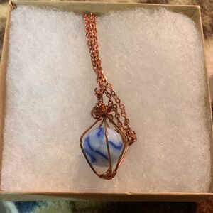 Elegant Copper &  Blue Wired Cage Swirl Pendant Necklace